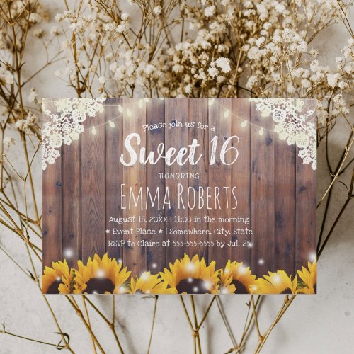 Sweet 16 Rustic Sunflowers  String Lights Invitation