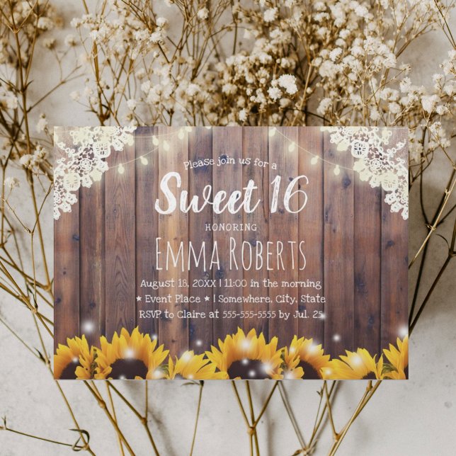 Sweet 16 Rustic Sunflowers & String Lights Invitation