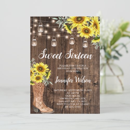 Sweet 16 Rustic Sunflowers String Lights Invitation