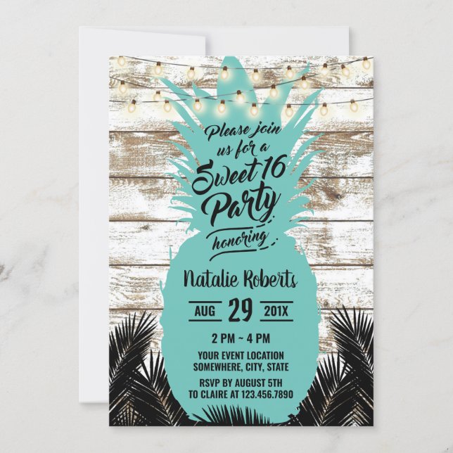 Sweet 16 Rustic Tropical Beach Teal Pineapple Invitation (Front)