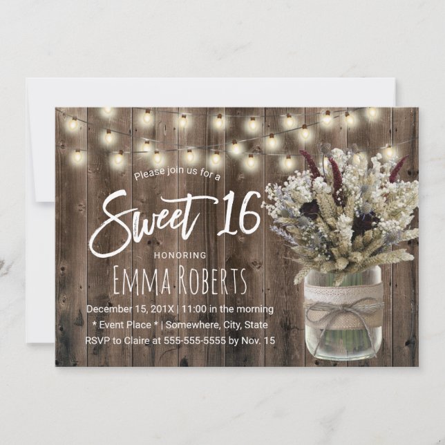 Sweet 16 Rustic Winter Floral Jar Barn Birthday Invitation (Front)