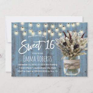 Sweet 16 Rustic Winter Floral Jar Dusty Blue Invitation