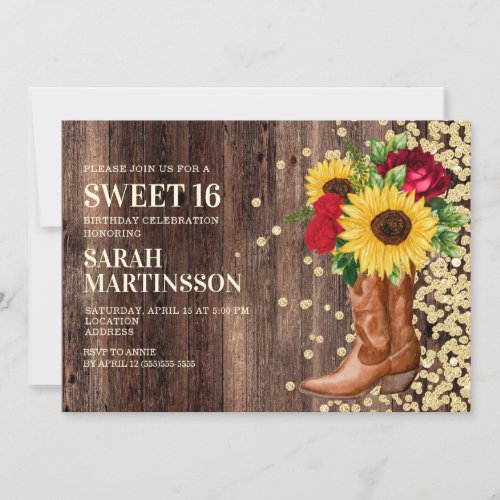 Sweet 16 Rustic Wood Boots Sunflowers Red Roses Invitation