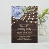 Sweet 16 Rustic Wood String Lights Blue Floral Invitation (Standing Front)
