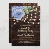 Sweet 16 Rustic Wood String Lights Blue Floral Invitation (Front/Back)