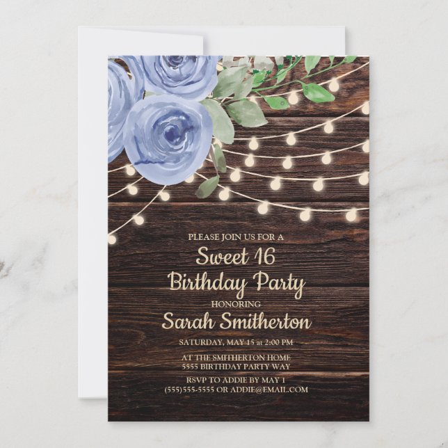 Sweet 16 Rustic Wood String Lights Blue Floral Invitation (Front)