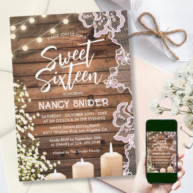Sweet 16 Rustic Wood String Lights Modern Invitation (Creator Uploaded)