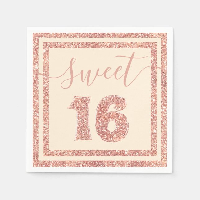 Sweet 16 Salmon Faux Glitter Stripe Birthday Party Napkins (Front)