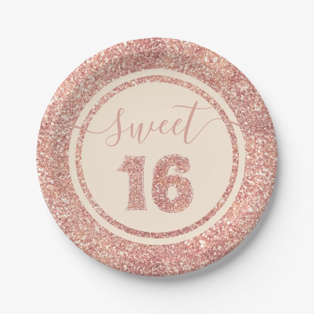 Sweet 16 Salmon Faux Glitter Stripe Birthday Party Paper Plates (Front)