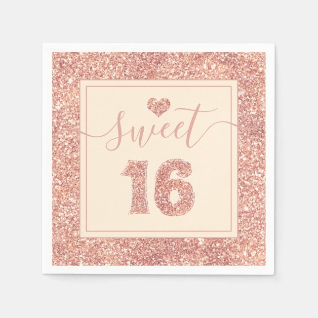 Sweet 16 Salmon Pink Faux Glitter Birthday Party Napkins (Front)