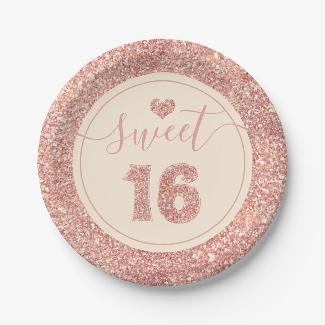 Sweet 16 Salmon Pink Faux Glitter Birthday Party Paper Plates (Front)