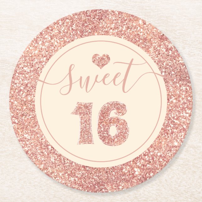 Sweet 16 Salmon Pink Faux Glitter Birthday Party Round Paper Coaster (Front)