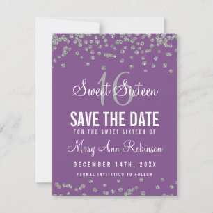 Sweet 16 Save Date Silver Glitter Confetti Purple Save The Date