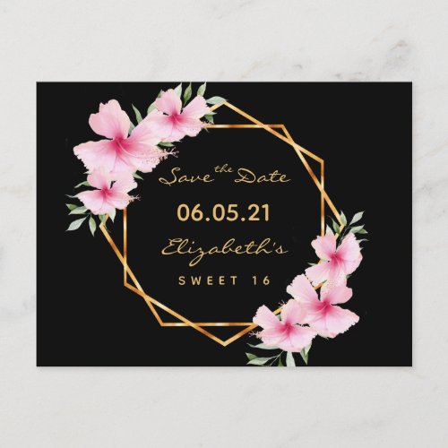 Sweet 16 Save the Date black gold florals Postcard