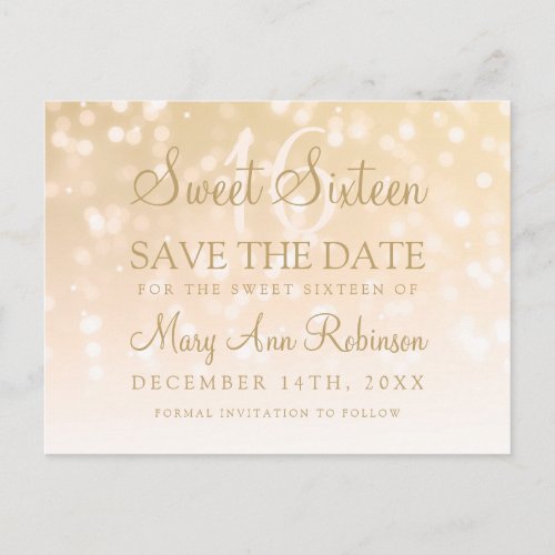 Sweet 16 Save The Date Gold Bokeh Sparkle Lights Announcement Postcard