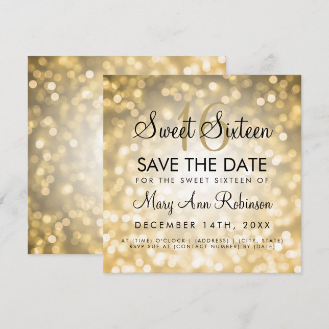 Sweet 16 Save The Date Gold Glitter Lights Invitation (Front/Back)