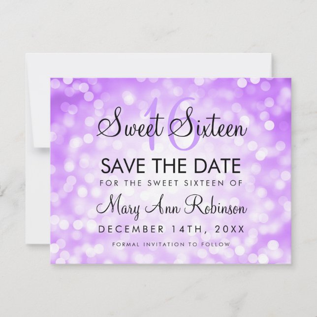 Sweet 16 Save The Date Purple Glitter Lights (Front)