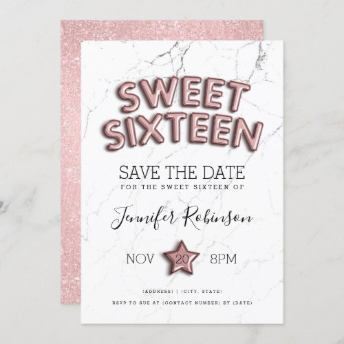 Sweet 16 Save The Date Rose Gold Balloons Glitter Invitation