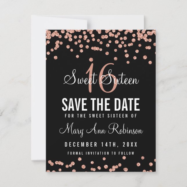 Sweet 16 Save The Date Rose Gold Glitter Confetti (Front)