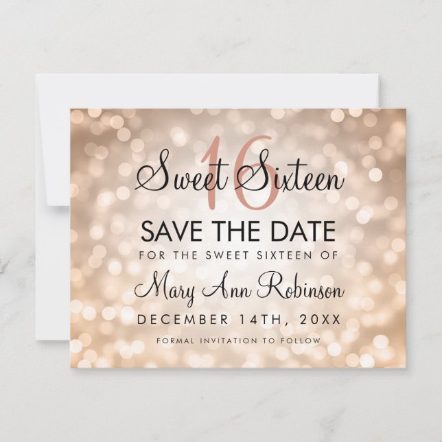Sweet 16 Save The Date Rose Gold Glitter Lights (Front)