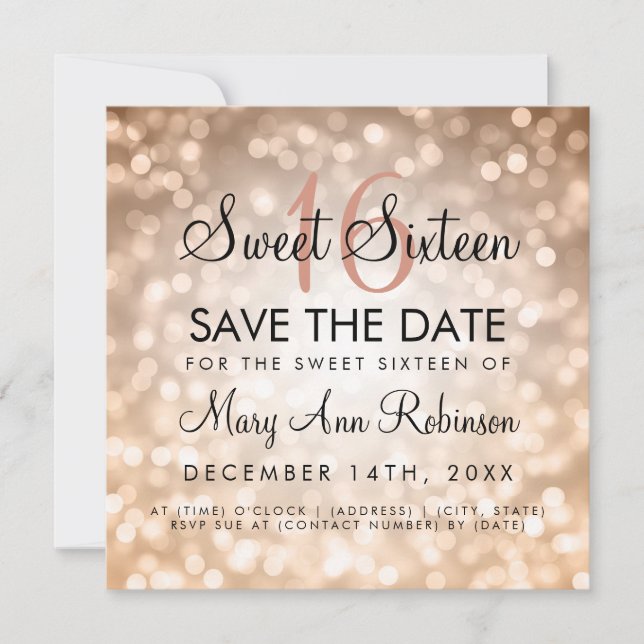 Sweet 16 Save The Date Rose Gold Glitter Lights Invitation (Front)