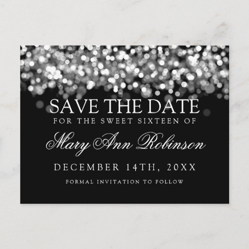 Sweet 16 Save The Date Shimmering Silver Lights Announcement Postcard