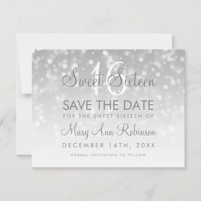 Sweet 16 Save The Date Silver Bokeh Sparkle Lights (Front)