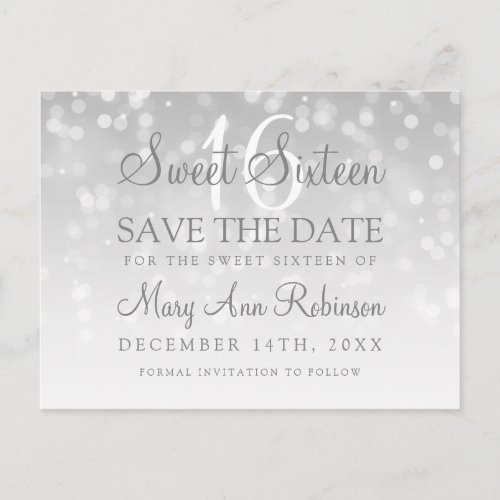 Sweet 16 Save The Date Silver Bokeh Sparkle Lights Announcement Postcard