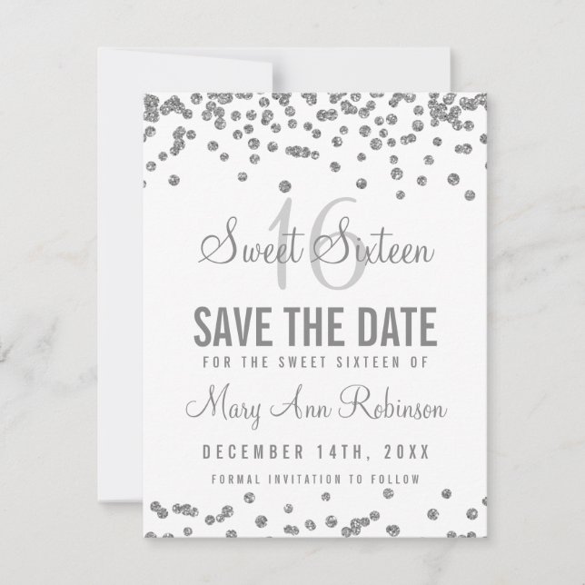Sweet 16 "Save The Date" Silver Glitter Confetti Save The Date (Front)