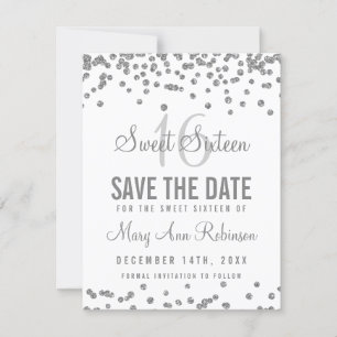 Sweet 16 "Save The Date" Silver Glitter Confetti Save The Date