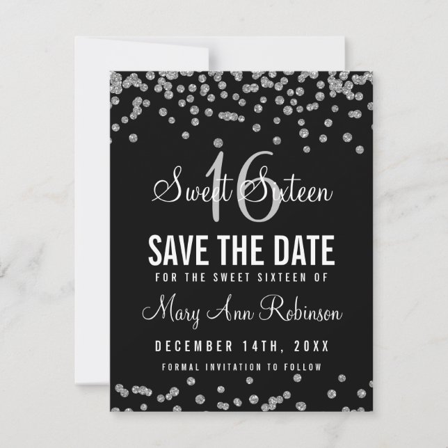 Sweet 16 "Save The Date" Silver Glitter Confetti Save The Date (Front)