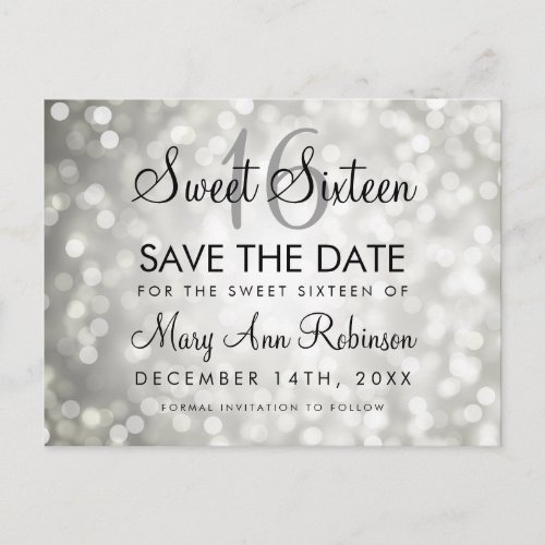 Sweet 16 Save The Date Silver Glitter Lights Announcement Postcard