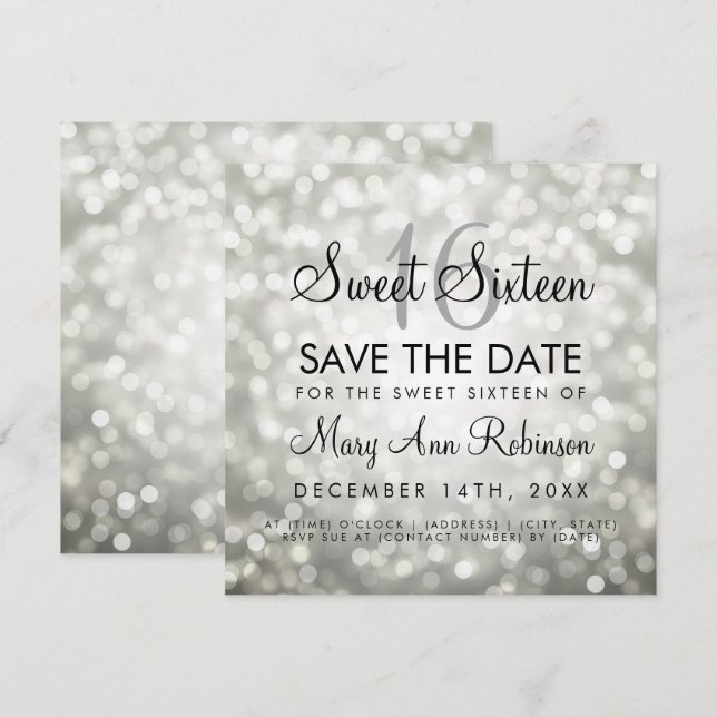 Sweet 16 Save The Date Silver Glitter Lights Invitation (Front/Back)
