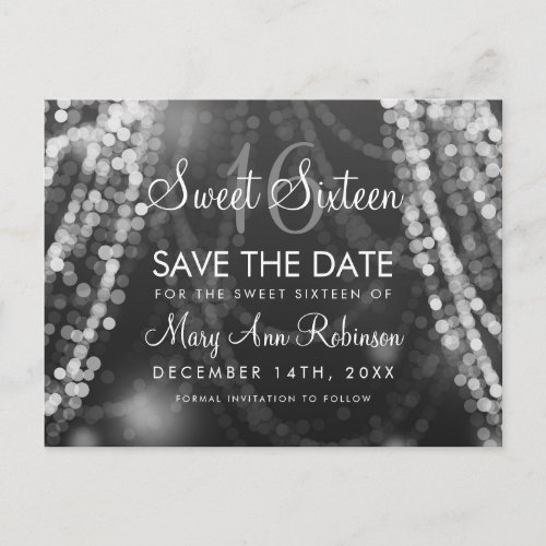 Sweet 16 Save The Date Silver String Lights Announcement Postcard