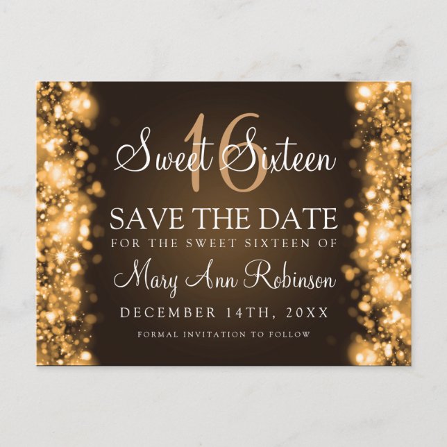 Sweet 16 "Save The Date" Sparkling Lights Gold Announcement Postcard (Front)