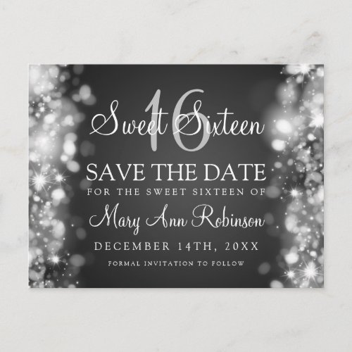 Sweet 16 Save The Date Sparkling Lights Silver Announcement Postcard