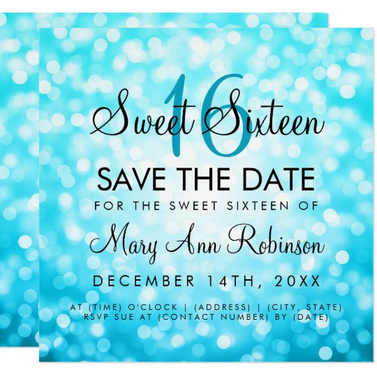 Sweet 16 Save The Date Turquoise Glitter Lights Invitation