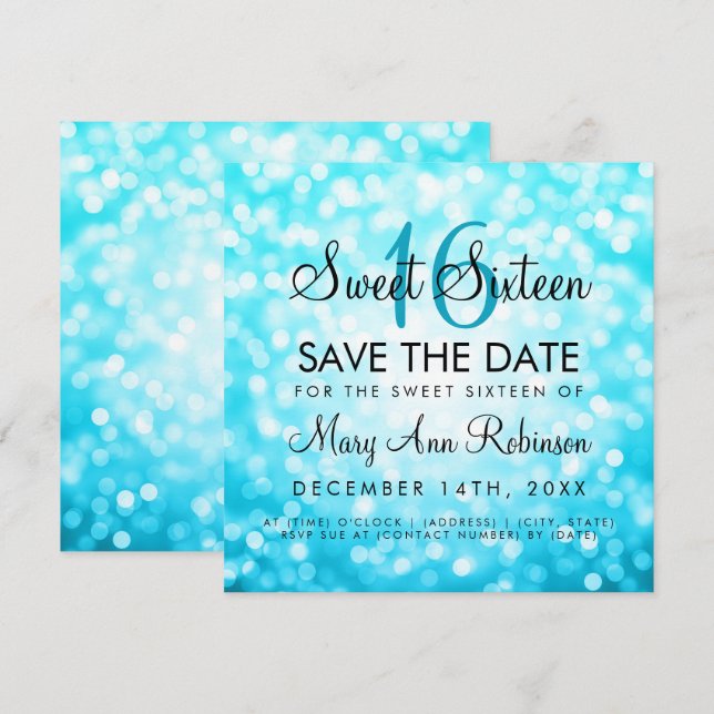 Sweet 16 Save The Date Turquoise Glitter Lights Invitation (Front/Back)