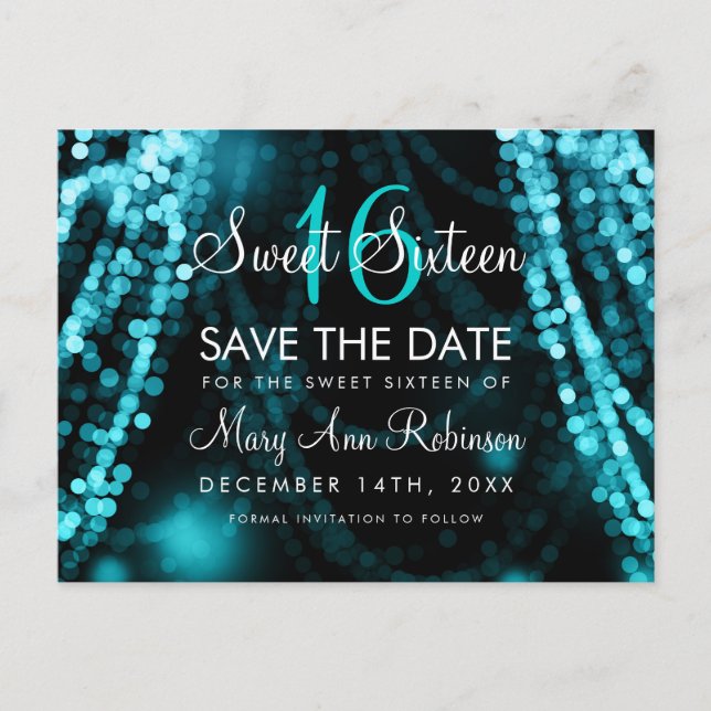 Sweet 16 "Save The Date" Turquoise String Lights Announcement Postcard (Front)