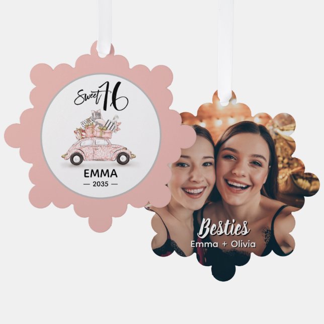 Sweet 16 Script Photo Bestie Snowflake Ornament (Front/Back)