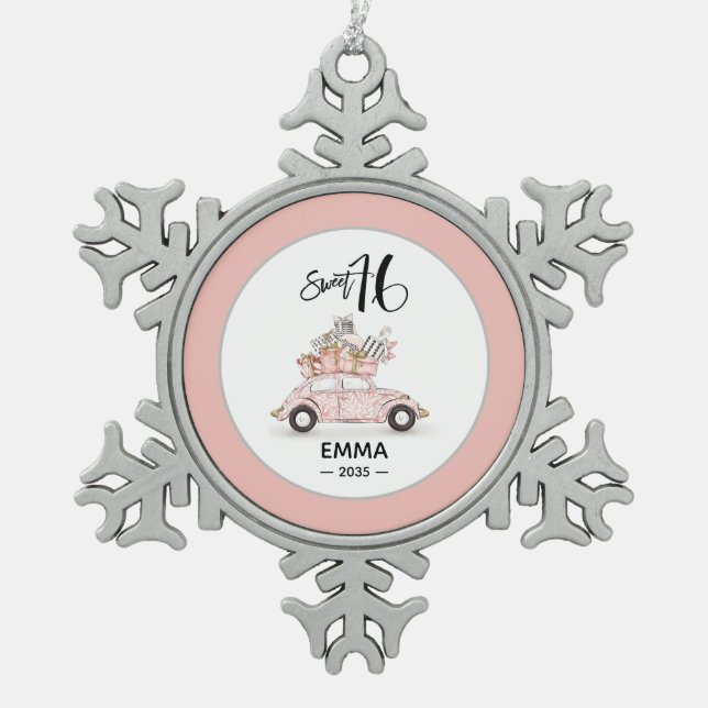 Sweet 16 Script Photo Car Snowflake Ornament (Front)