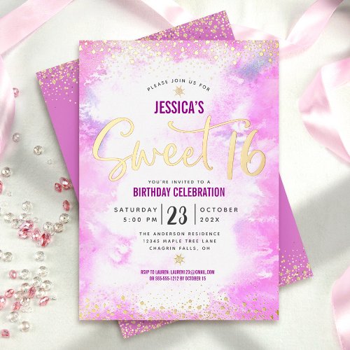 Sweet 16 Script Pink Watercolor Girly Real Gold Foil Invitation