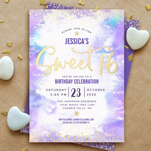 Sweet 16 Script Purple Watercolor Glam Real Gold Foil Invitation