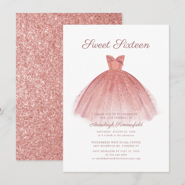 Sweet 16 Script Rose Gold Modern Dress Glitter Invitation (Front/Back)
