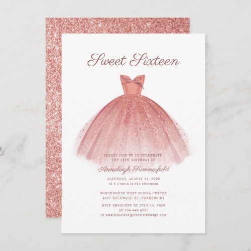 Sweet 16 Script Rose Gold Modern Dress Glitter Invitation