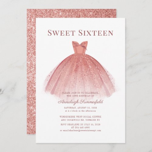 Sweet 16 Script Rose Gold Modern Dress Glitter Invitation