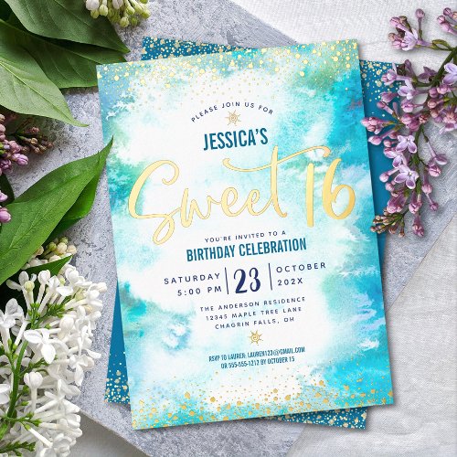 Sweet 16 Script Turquoise Watercolor Real Gold Foil Invitation
