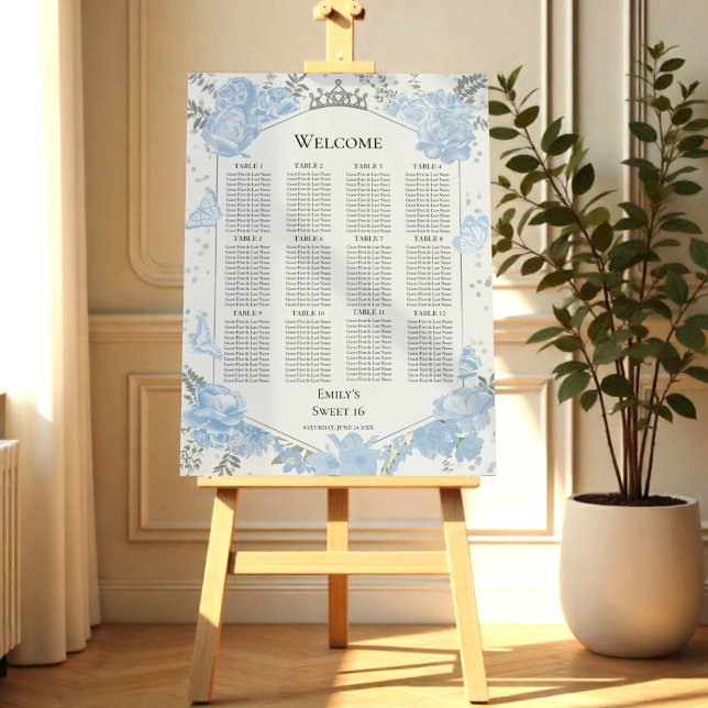 Sweet 16 Seating Chart Sign Dusty Blue Butterflys (Creator Uploaded)