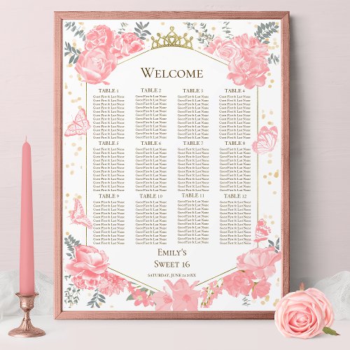 Sweet 16 Seating Chart Sign Pink Butterflys 