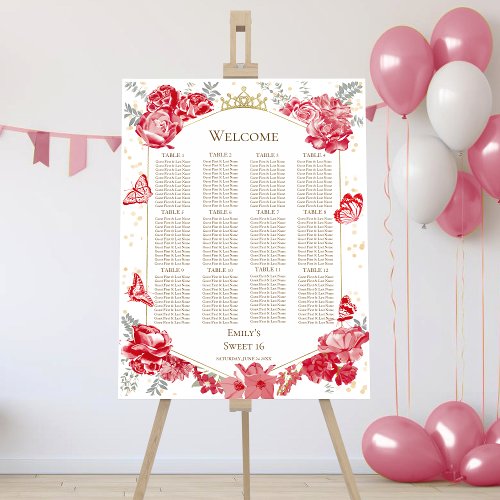 Sweet 16 Seating Chart Sign Red Butterflys